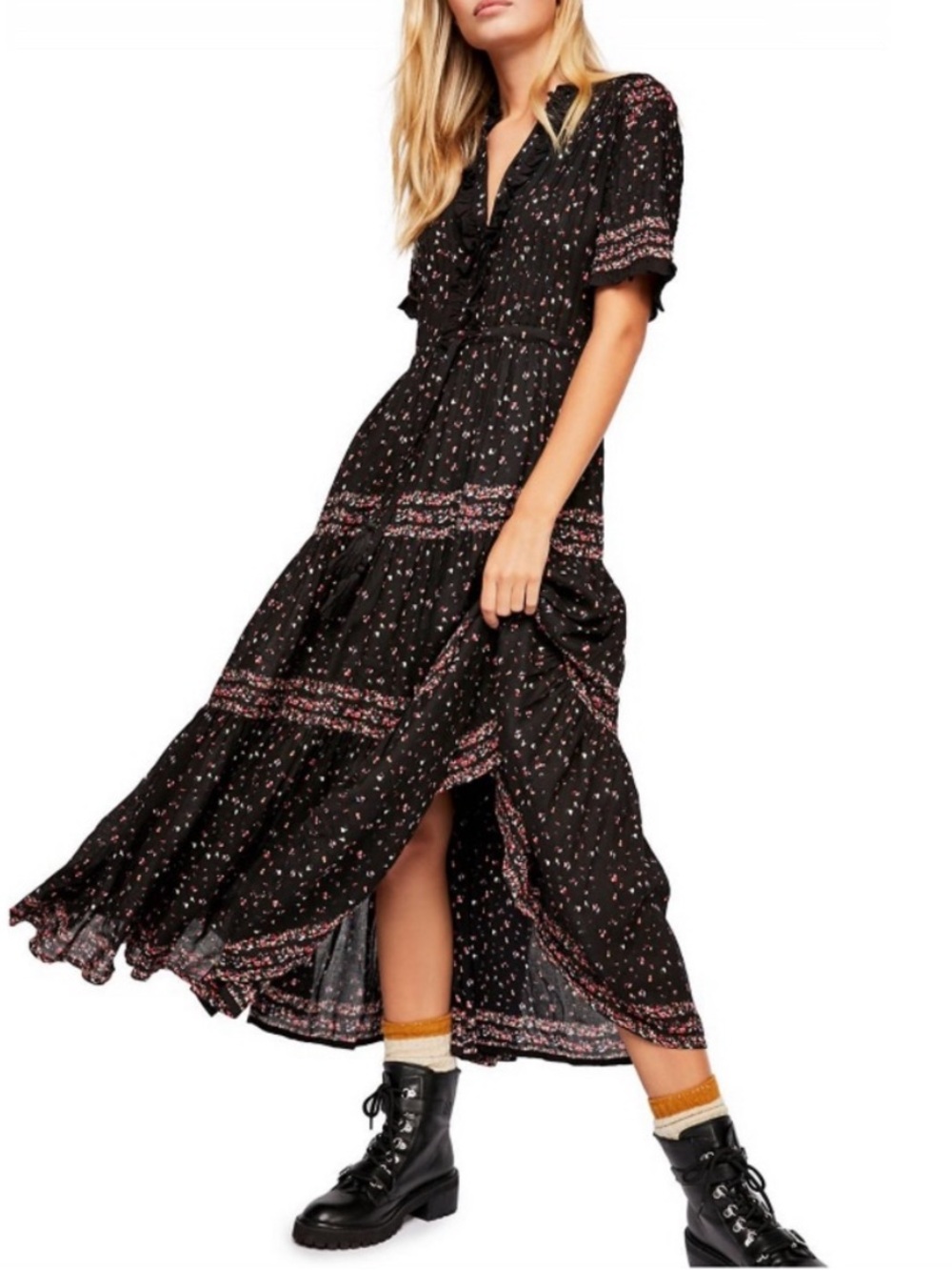 Free People Rare Feeling Floral Print Tiered Pleated Maxi Dress